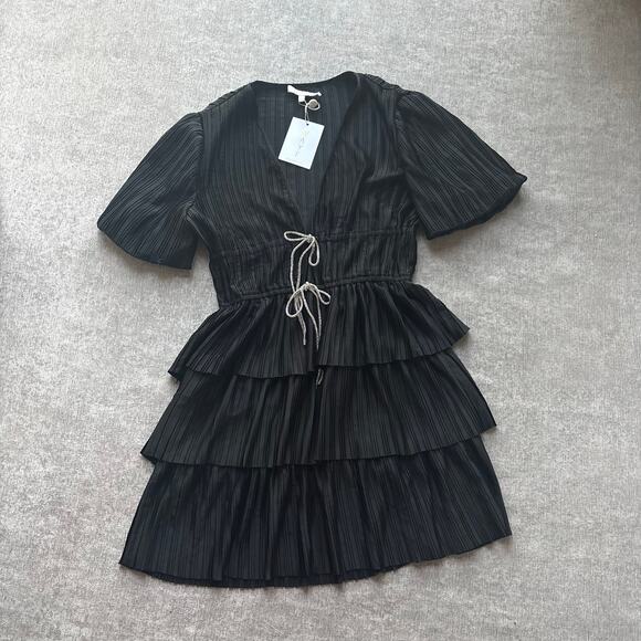 NWT WAYF Tiered Ruffle Satin Black Mini Dress - Picture 2 of 7